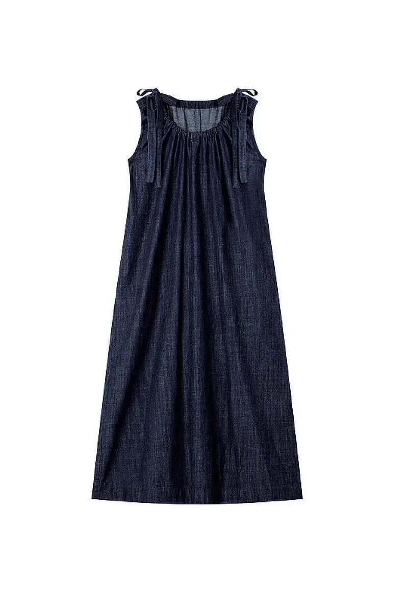 Denim Trapeze Tie-Strap Midi Dress