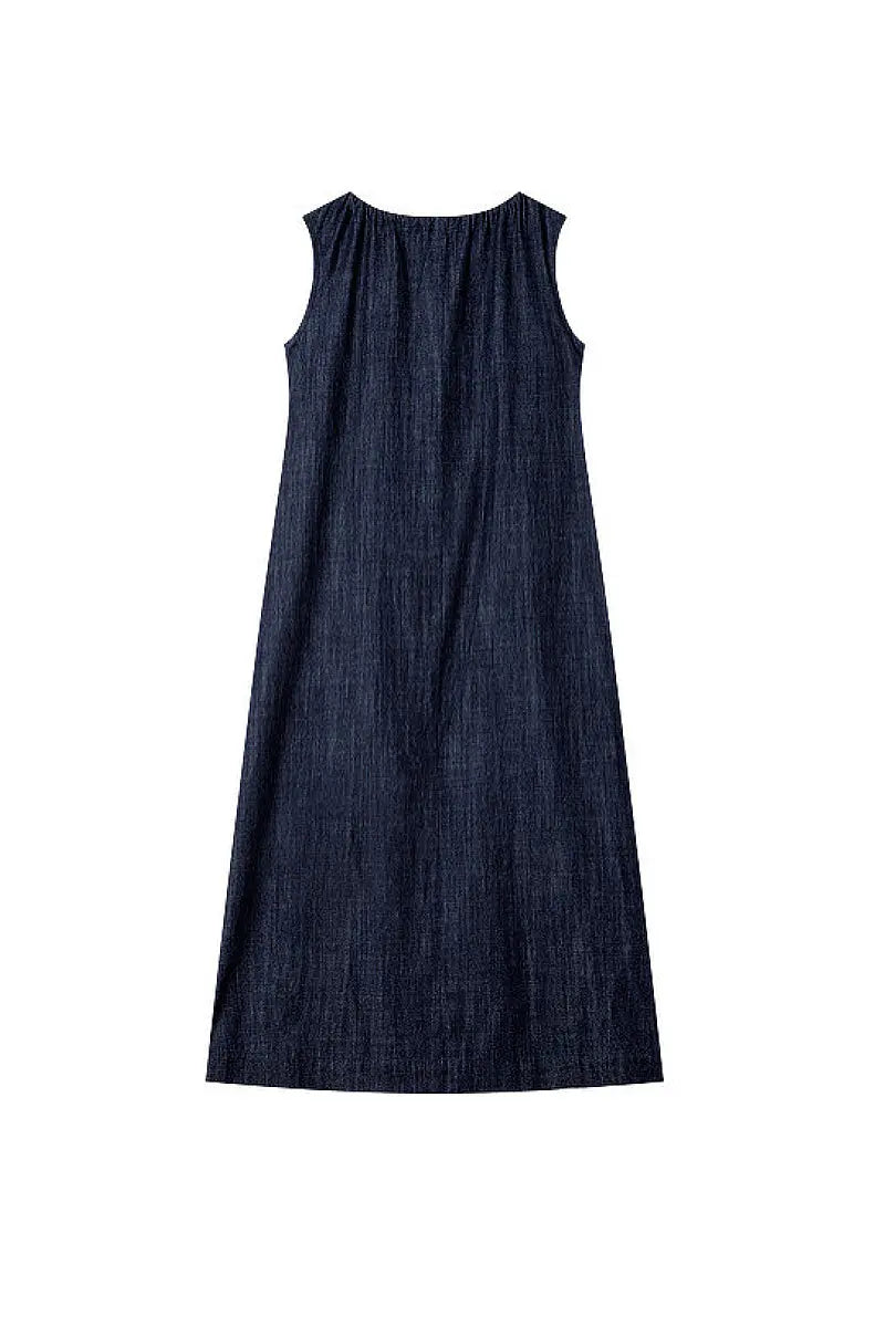 Denim Trapeze Tie-Strap Midi Dress