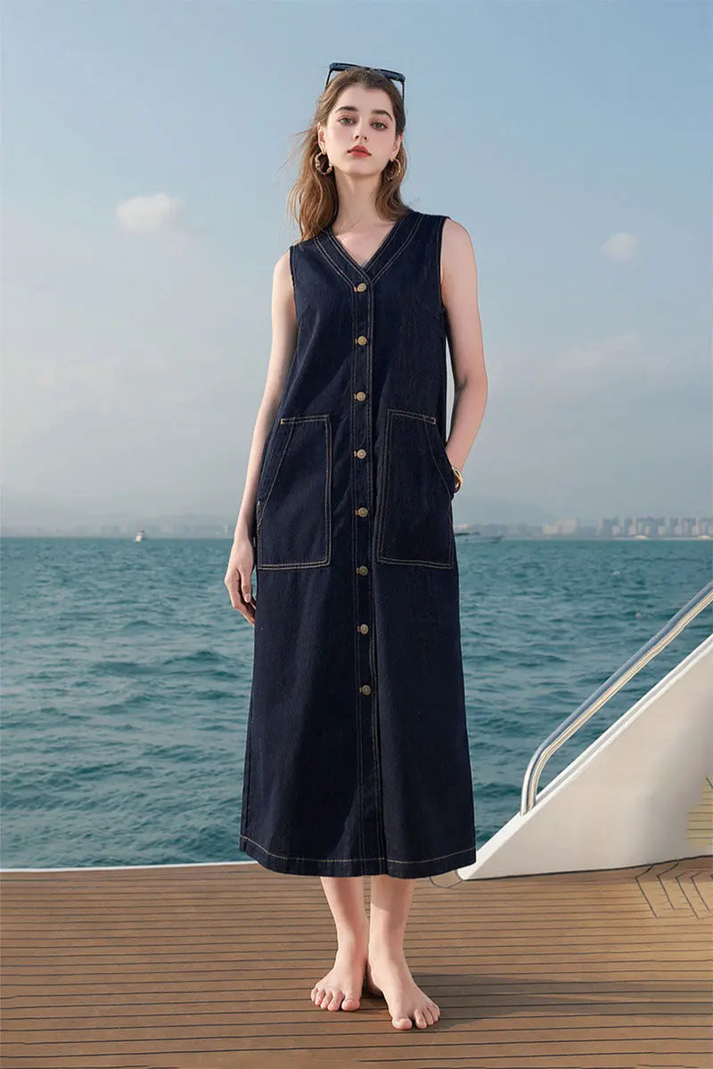Denim V-Neck Vest Midi Dress with Pockets