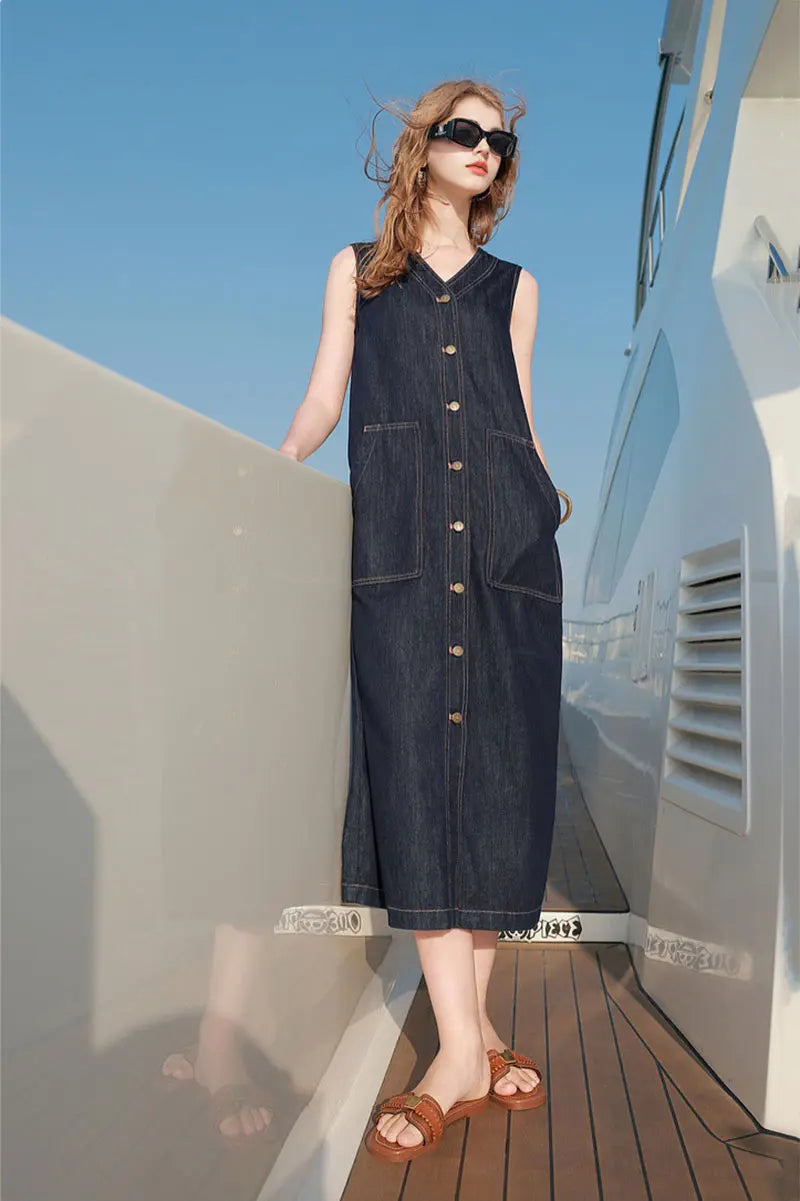 Denim V-Neck Vest Midi Dress with Pockets