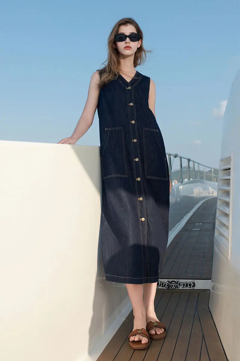 Denim V-Neck Vest Midi Dress with Pockets