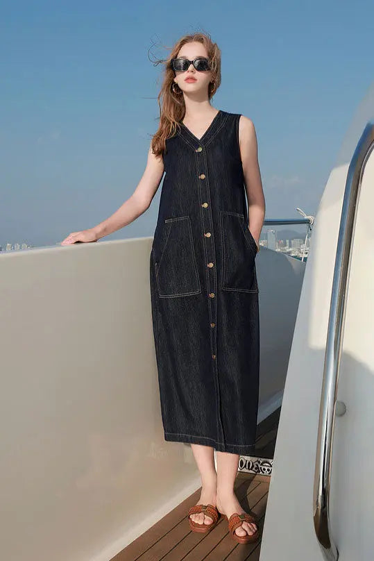 Denim V-Neck Vest Midi Dress with Pockets