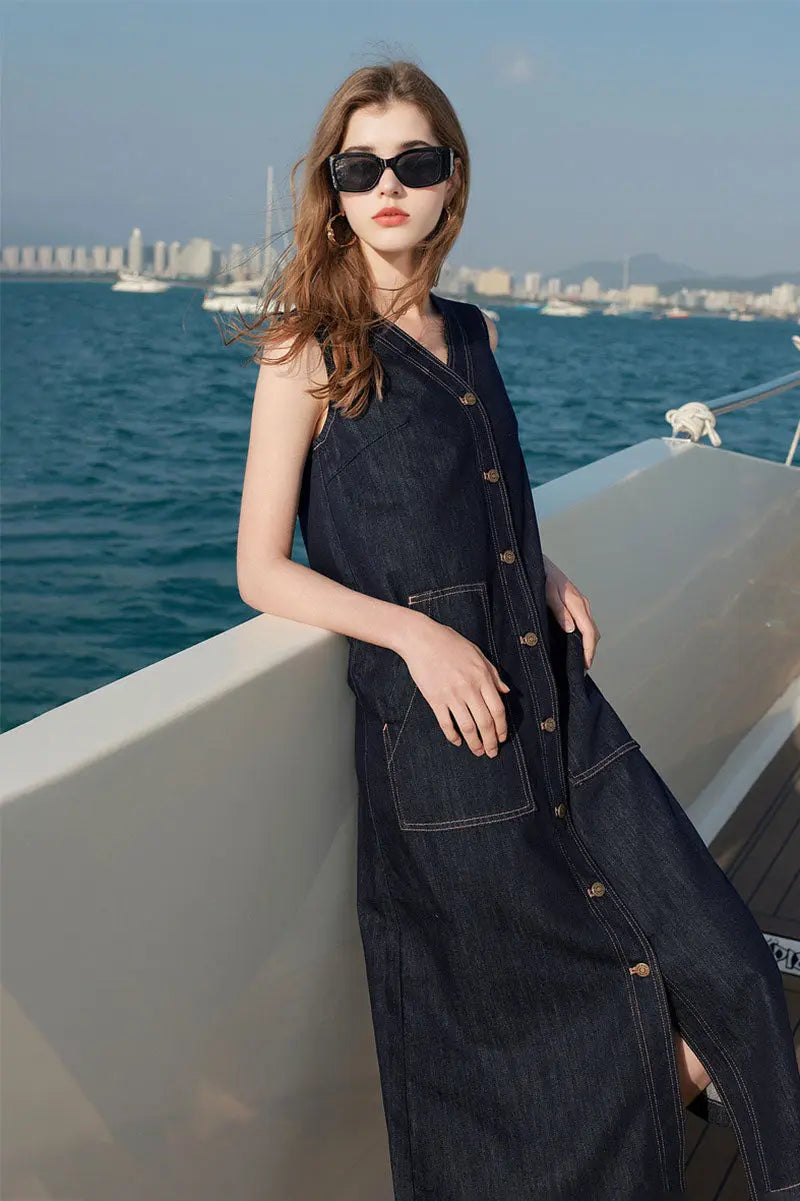 Denim V-Neck Vest Midi Dress with Pockets