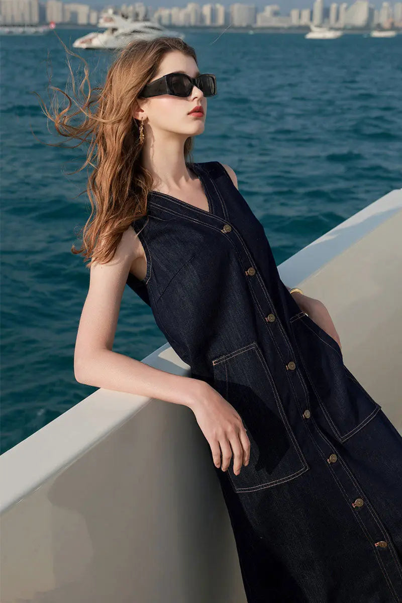 Denim V-Neck Vest Midi Dress with Pockets