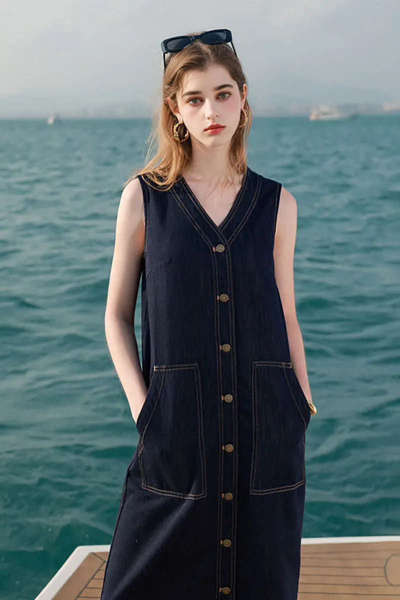 Denim V-Neck Vest Midi Dress with Pockets