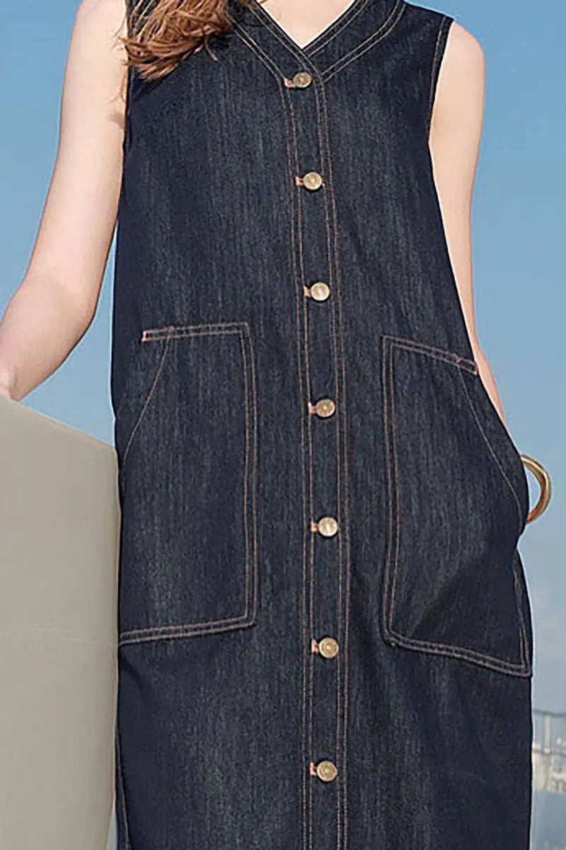 Denim V-Neck Vest Midi Dress with Pockets