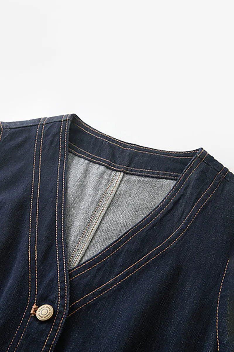 Denim V-Neck Vest Midi Dress with Pockets