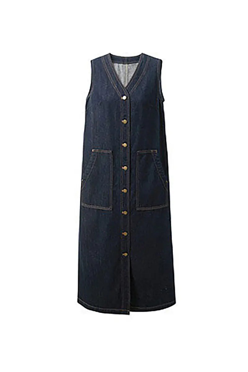 Denim V-Neck Vest Midi Dress with Pockets