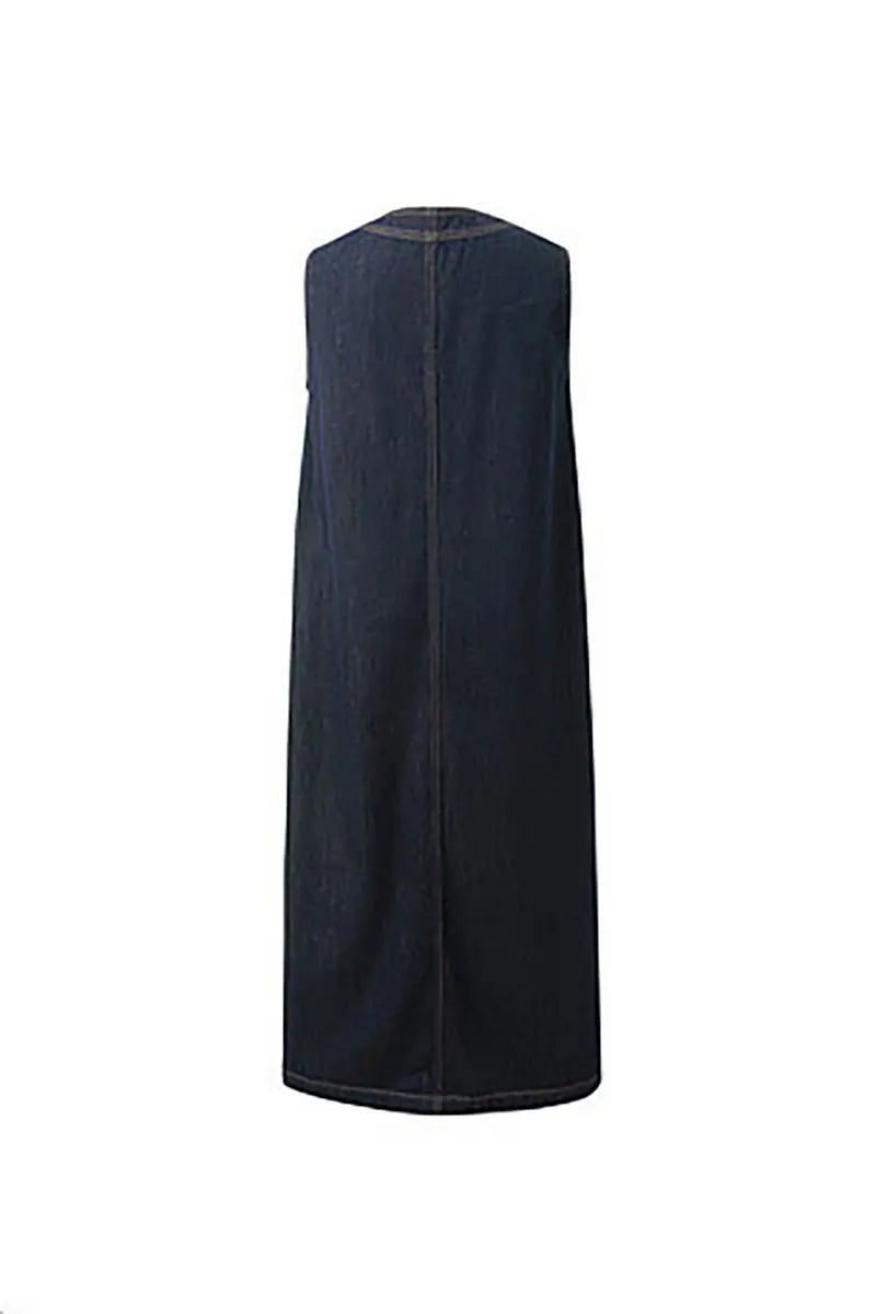 Denim V-Neck Vest Midi Dress with Pockets