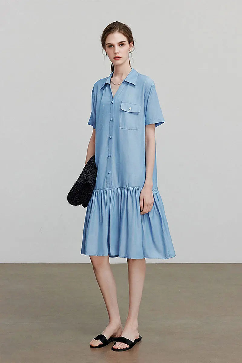 Draped Short-Sleeve Drop-Waist Shirt Dress in Blue