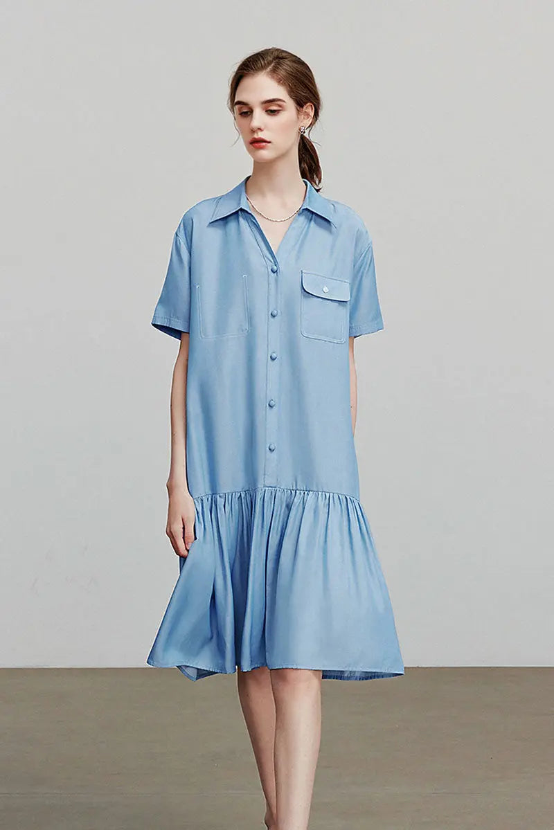 Draped Short-Sleeve Drop-Waist Shirt Dress in Blue