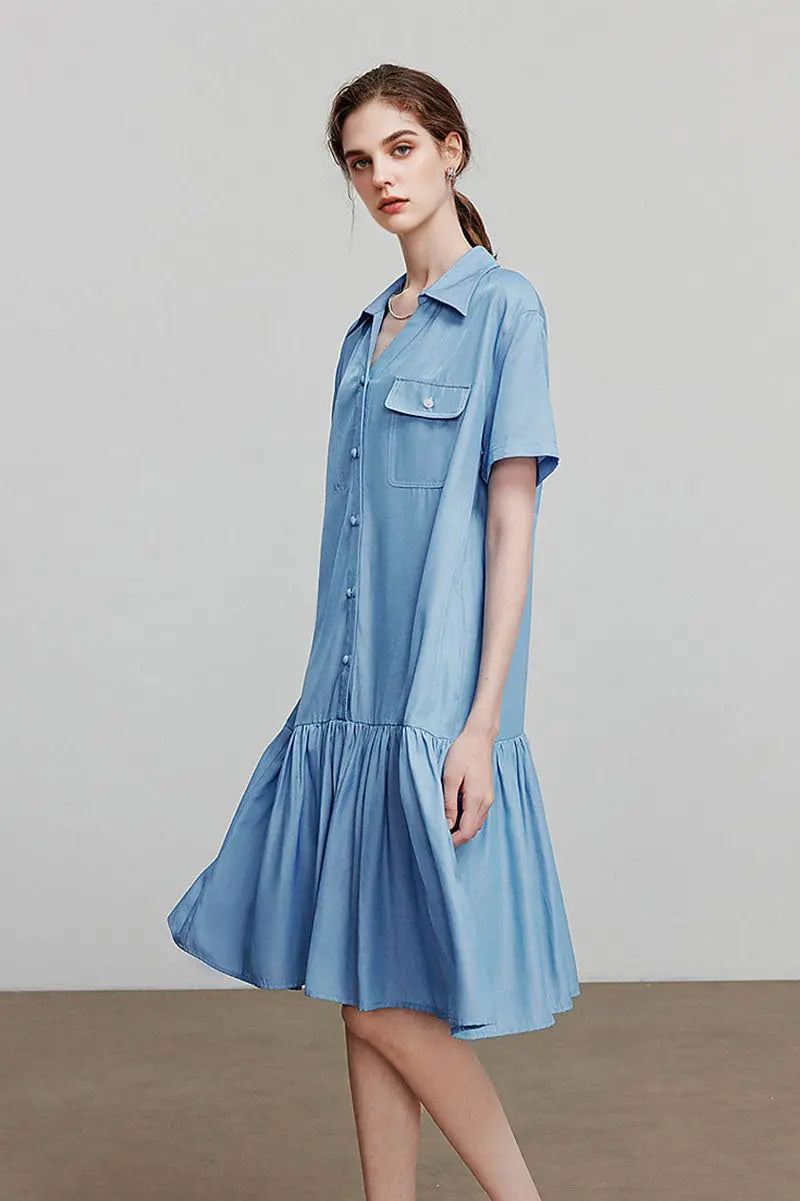 Draped Short-Sleeve Drop-Waist Shirt Dress in Blue