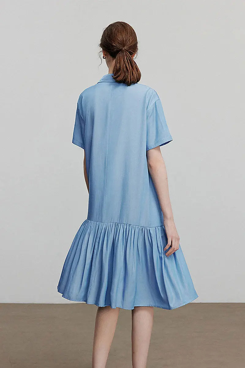 Draped Short-Sleeve Drop-Waist Shirt Dress in Blue