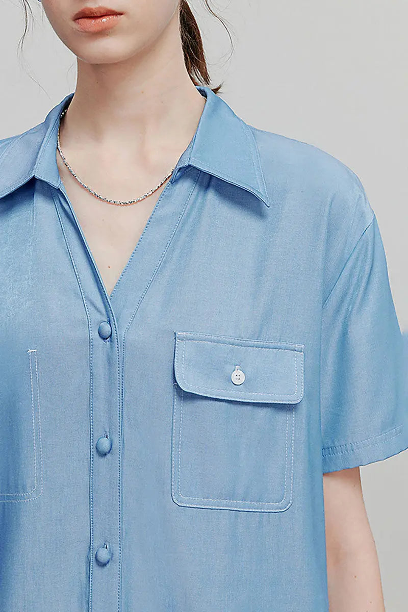 Draped Short-Sleeve Drop-Waist Shirt Dress in Blue