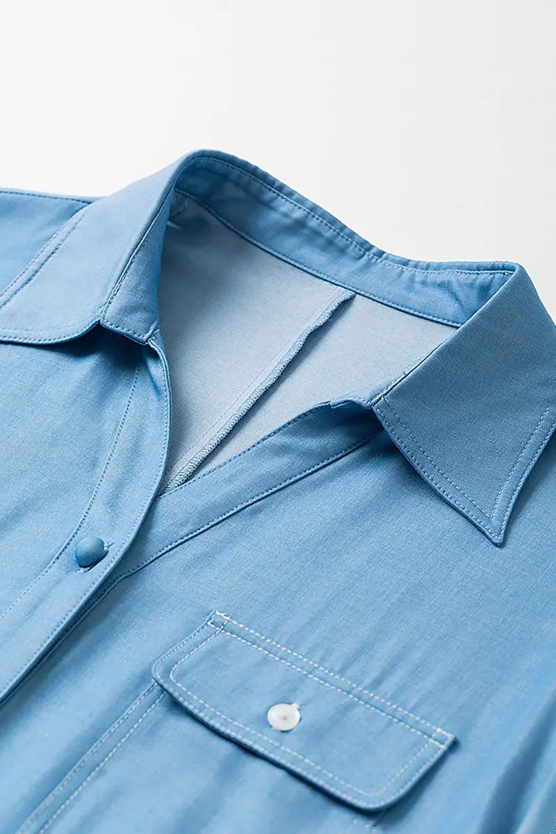 Draped Short-Sleeve Drop-Waist Shirt Dress in Blue