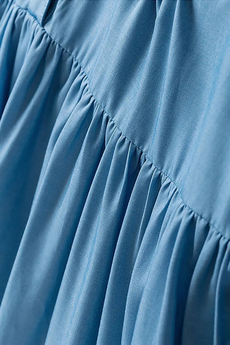 Draped Short-Sleeve Drop-Waist Shirt Dress in Blue
