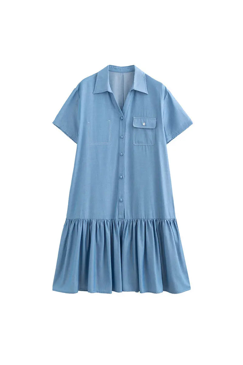 Draped Short-Sleeve Drop-Waist Shirt Dress in Blue
