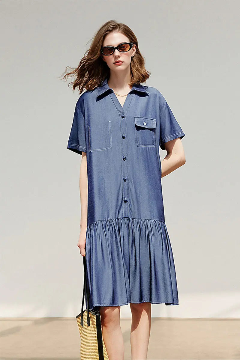 Draped Short-Sleeve Drop-Waist Shirt Dress in Blue