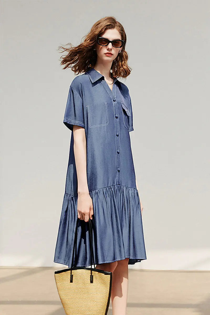 Draped Short-Sleeve Drop-Waist Shirt Dress in Blue