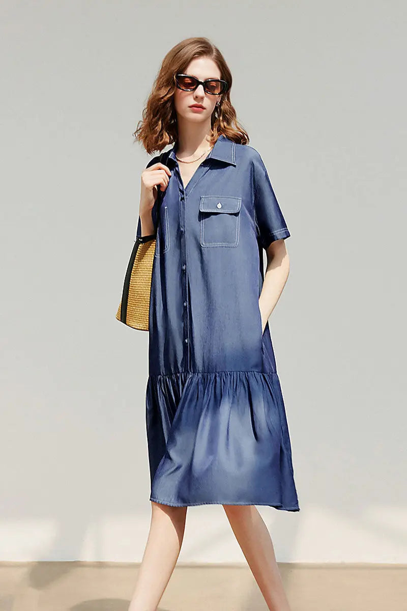 Draped Short-Sleeve Drop-Waist Shirt Dress in Blue