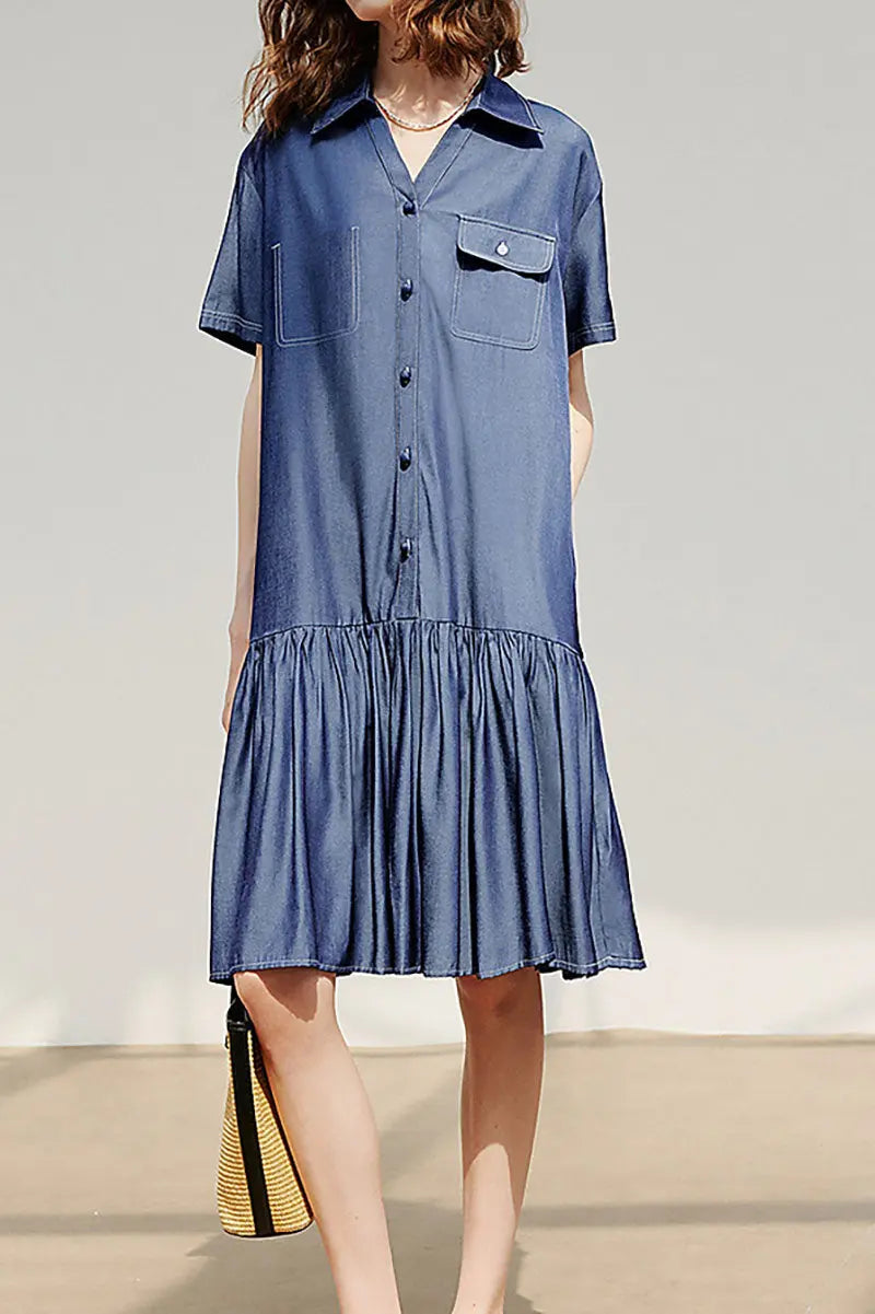 Draped Short-Sleeve Drop-Waist Shirt Dress in Blue