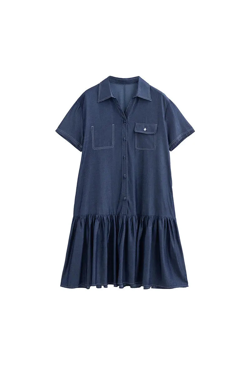 Draped Short-Sleeve Drop-Waist Shirt Dress in Blue