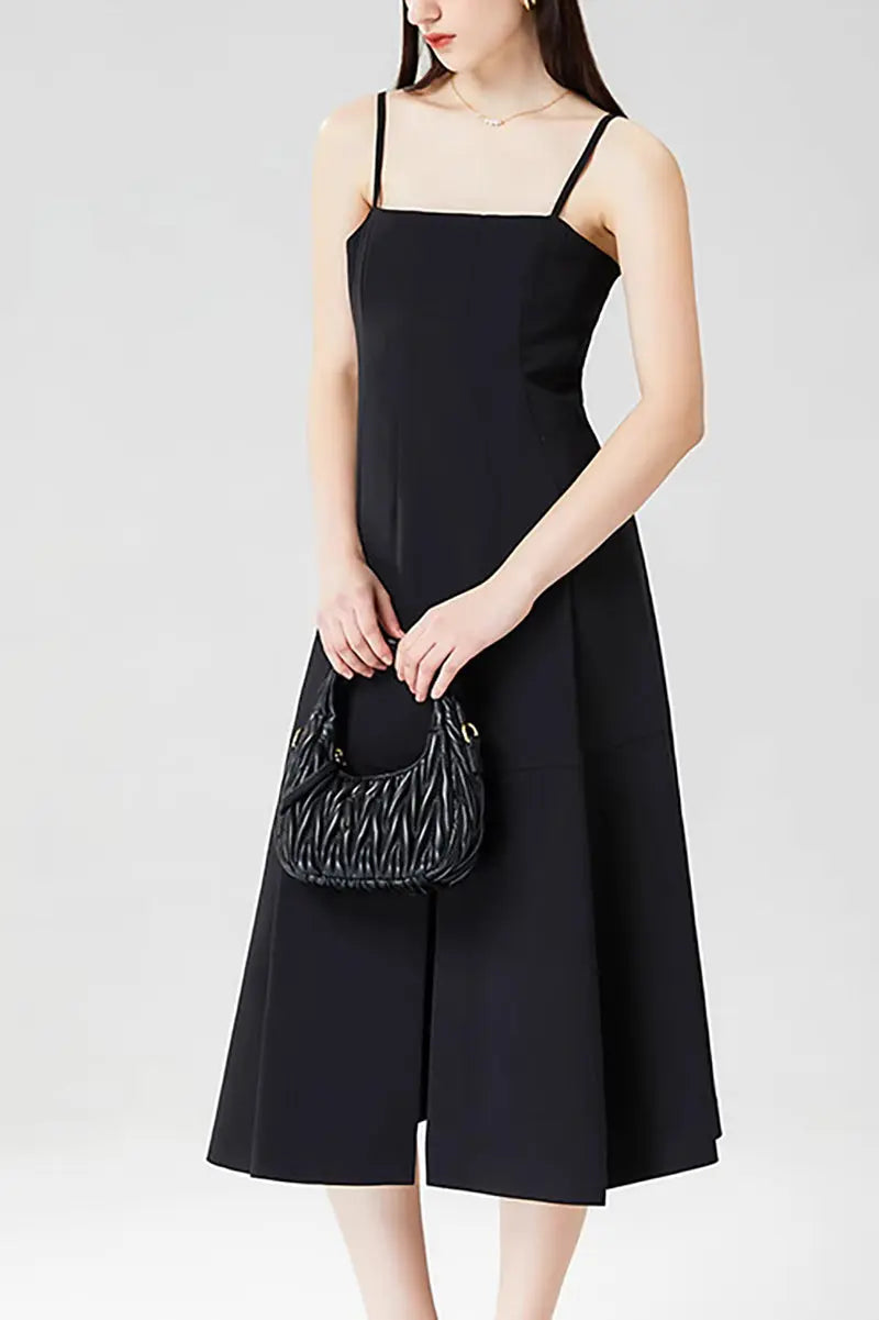 Elegant Black Spaghetti-Strap A-Line Midi Dress