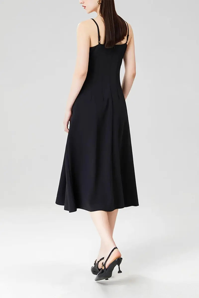 Elegant Black Spaghetti-Strap A-Line Midi Dress