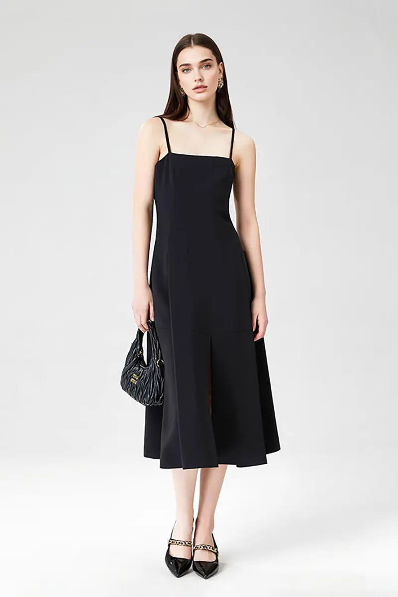 Elegant Black Spaghetti-Strap A-Line Midi Dress