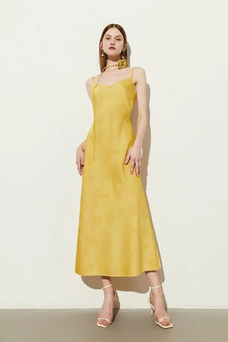 Elegant Jacquard Satin Slip Maxi Dress