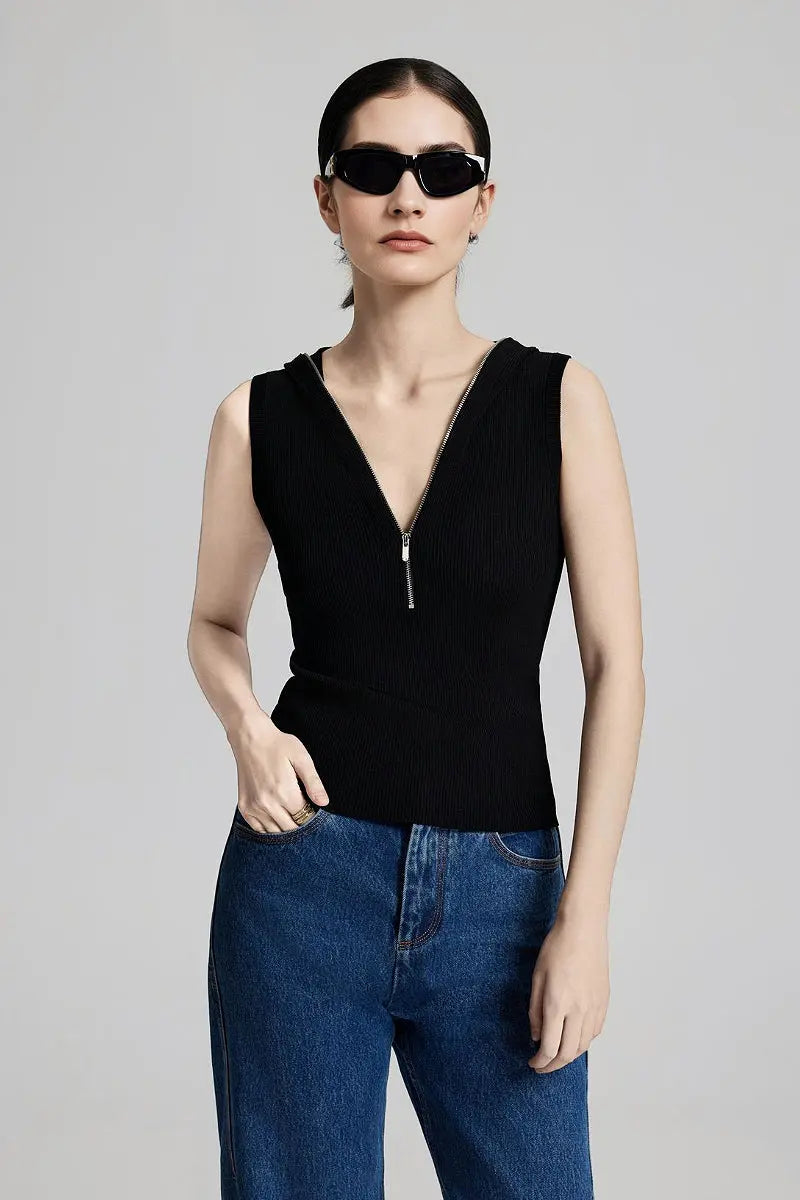 Fine-Knit Hooded Half-Zip Vest