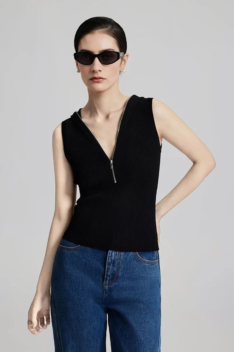 Fine-Knit Hooded Half-Zip Vest