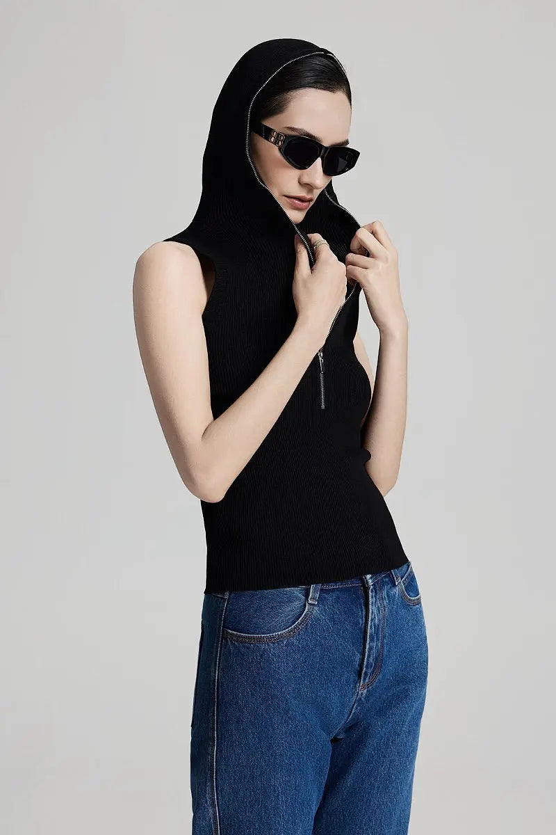Fine-Knit Hooded Half-Zip Vest
