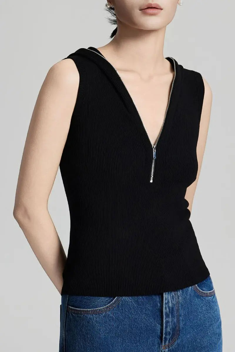 Fine-Knit Hooded Half-Zip Vest