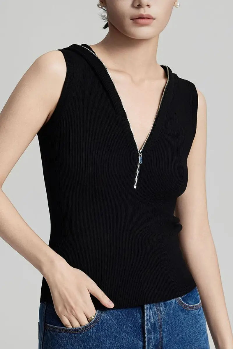 Fine-Knit Hooded Half-Zip Vest