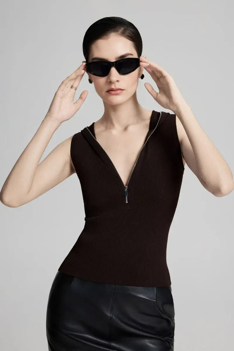 Fine-Knit Hooded Half-Zip Vest