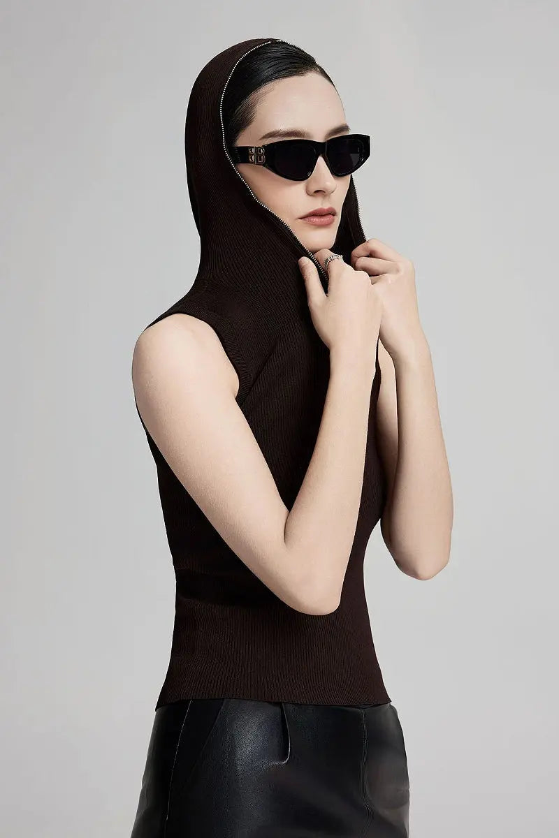 Fine-Knit Hooded Half-Zip Vest