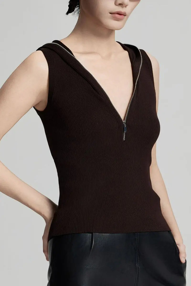 Fine-Knit Hooded Half-Zip Vest