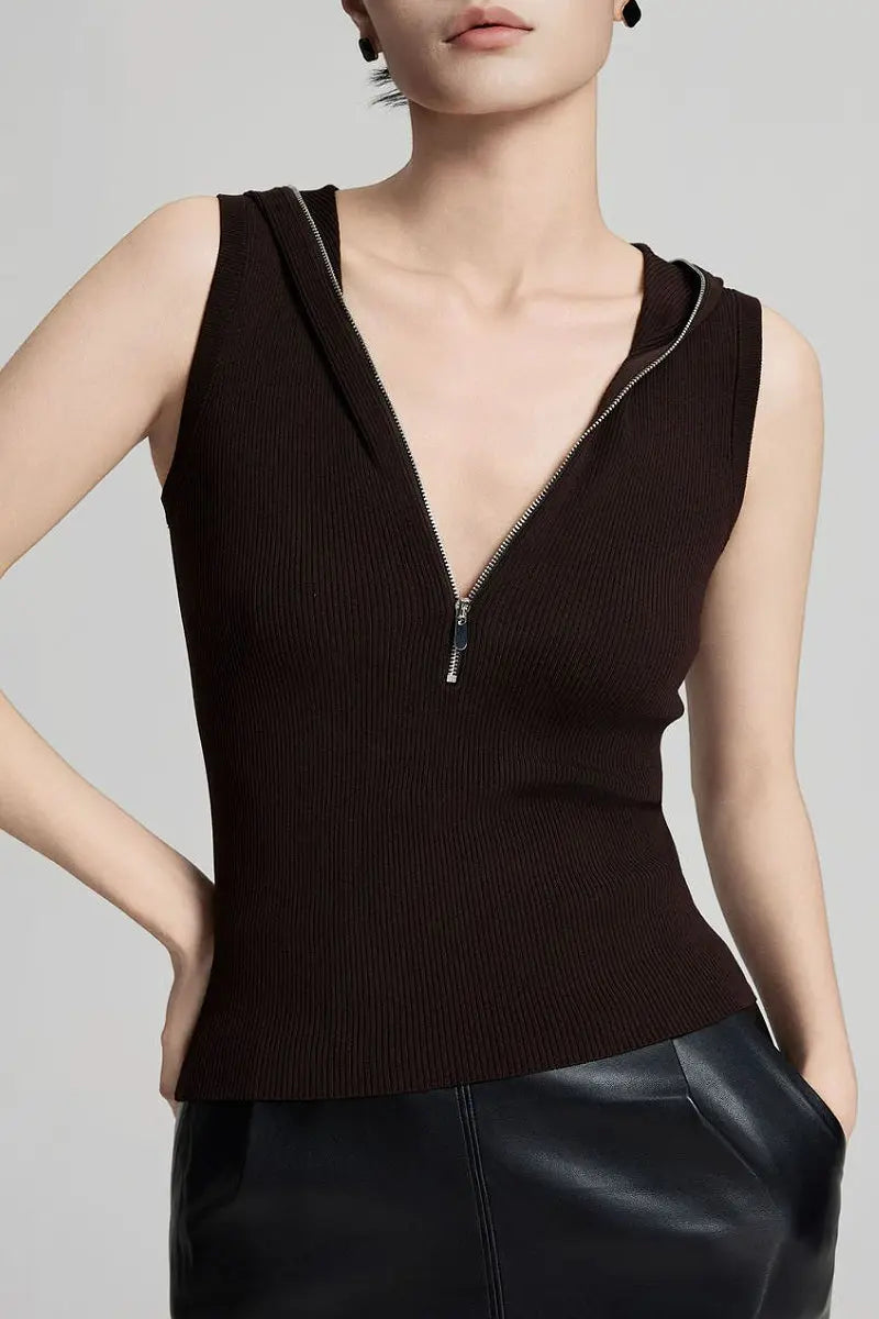 Fine-Knit Hooded Half-Zip Vest