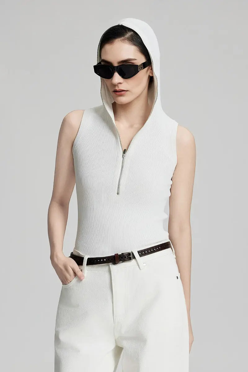 Fine-Knit Hooded Half-Zip Vest