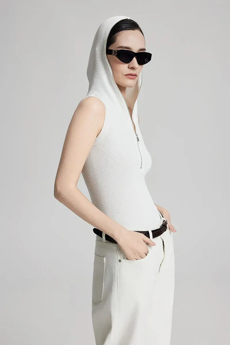 Fine-Knit Hooded Half-Zip Vest