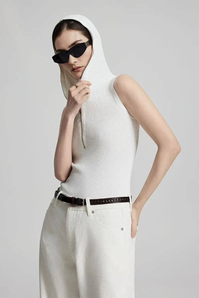 Fine-Knit Hooded Half-Zip Vest