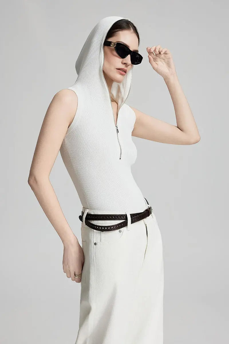 Fine-Knit Hooded Half-Zip Vest