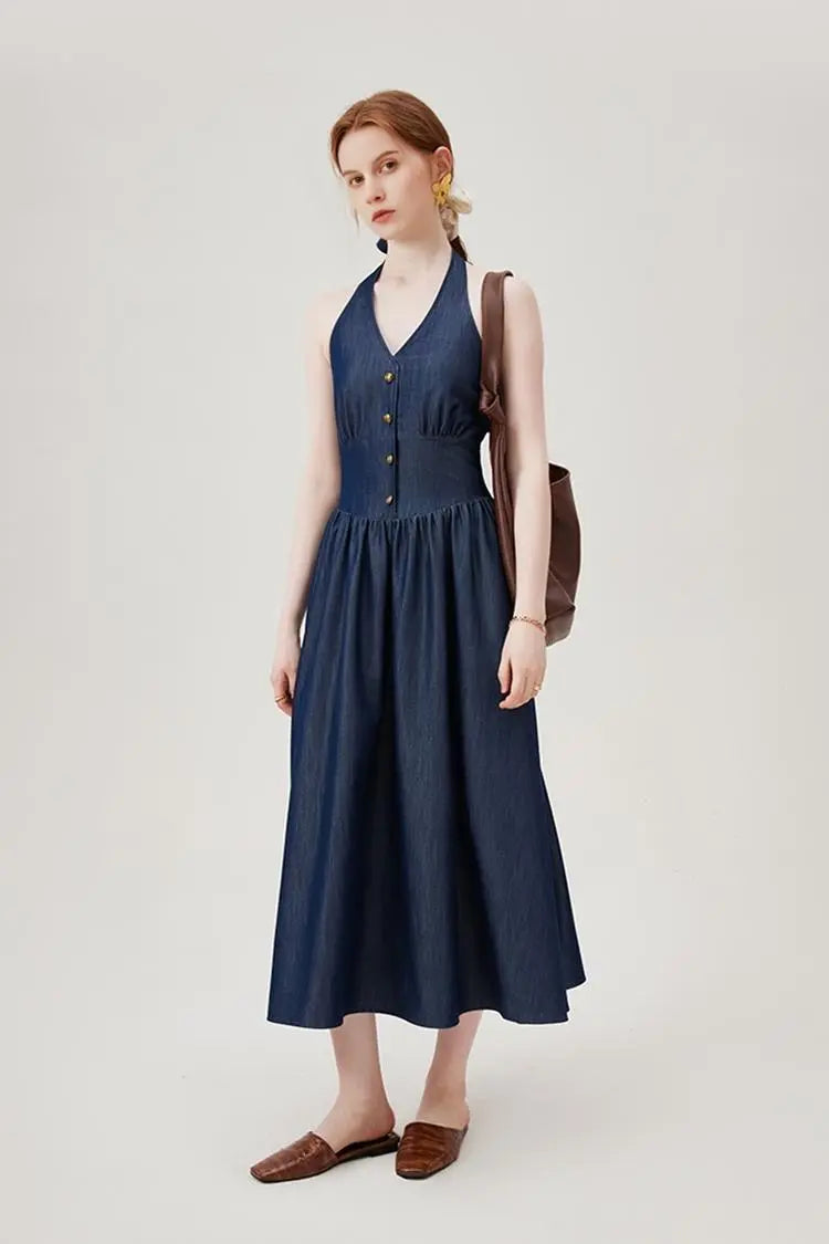 Fit and Flare Denim Halter Midi Dress