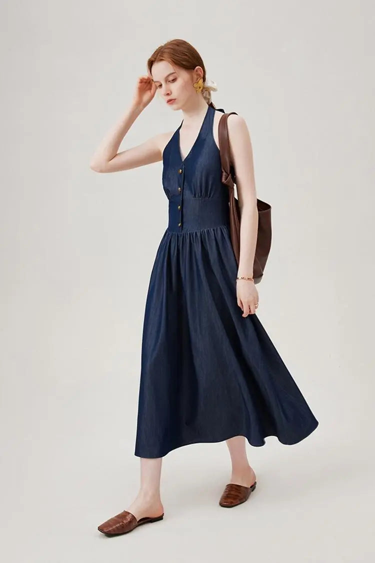 Fit and Flare Denim Halter Midi Dress