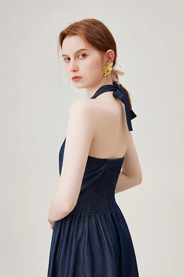 Fit and Flare Denim Halter Midi Dress