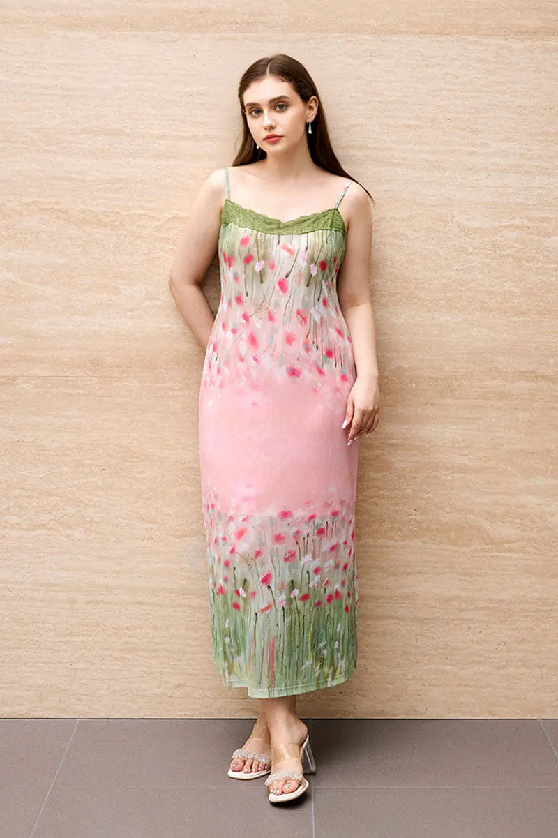Floral Lace Mesh Slip Midi Dress with Side Slit