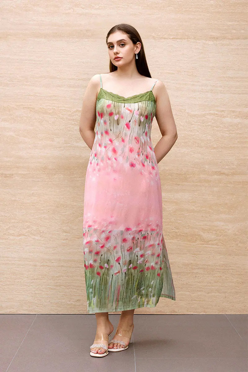 Floral Lace Mesh Slip Midi Dress with Side Slit
