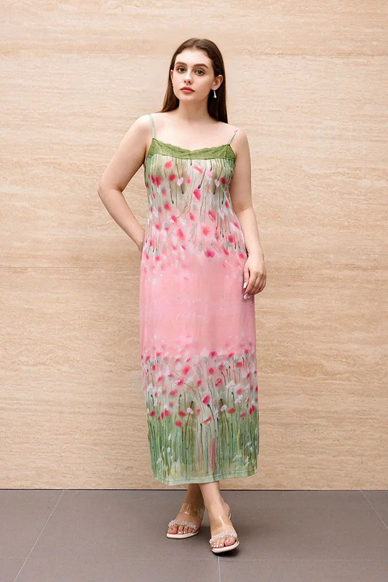 Floral Lace Mesh Slip Midi Dress with Side Slit