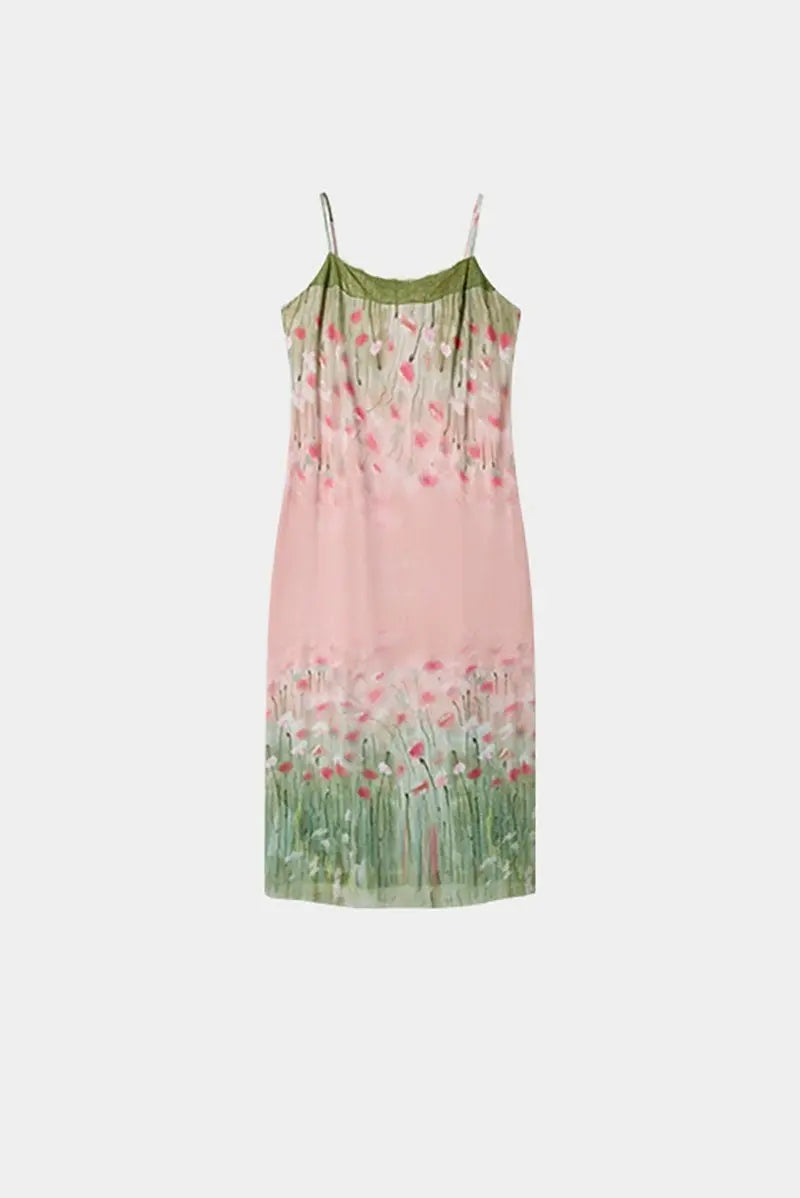 Floral Lace Mesh Slip Midi Dress with Side Slit
